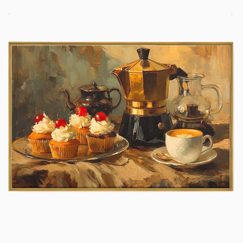Tablou Canvas Premium, LuxCanva® N1068, Pauza Dulce, Briose, Frisca, Cirese, Desert, Cafea, Espresso, Rustic, Vintage, Cafenea, Pub, Lounge, Bar, Restaurant, Bucatarie