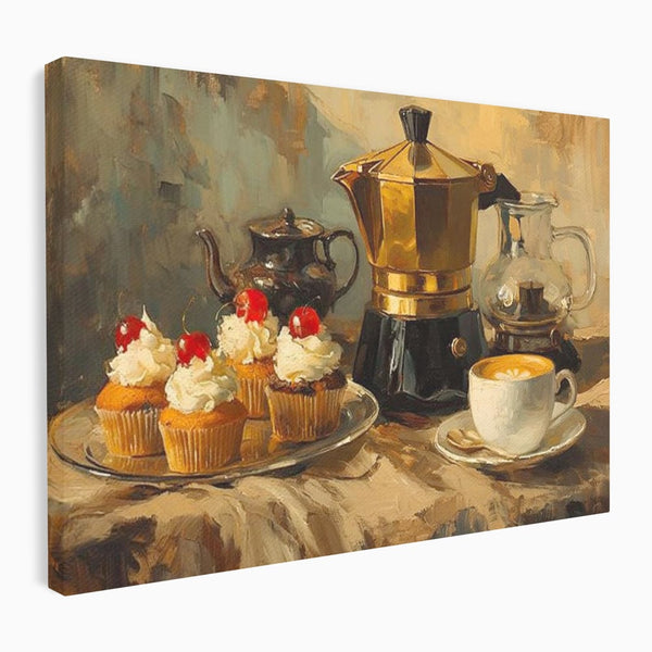Tablou Canvas Premium, LuxCanva® N1068, Pauza Dulce, Briose, Frisca, Cirese, Desert, Cafea, Espresso, Rustic, Vintage, Cafenea, Pub, Lounge, Bar, Restaurant, Bucatarie