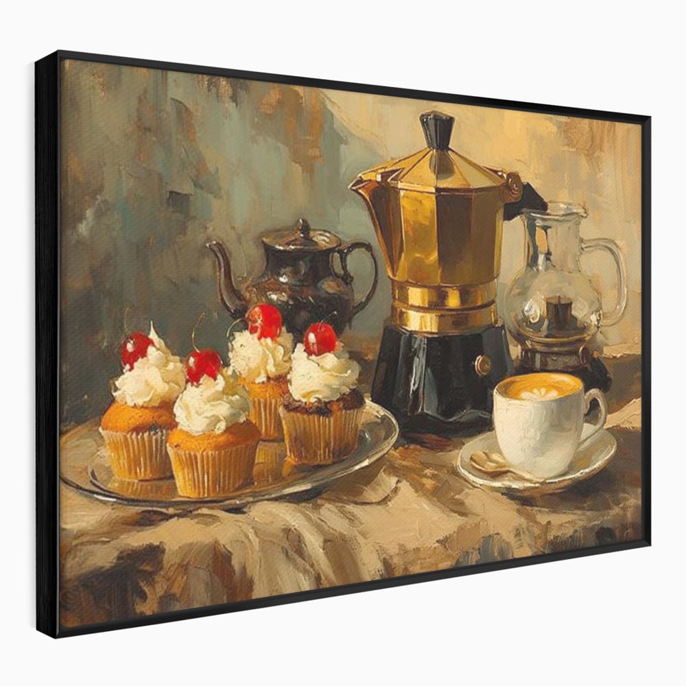 Tablou Canvas Premium, LuxCanva® N1068, Pauza Dulce, Briose, Frisca, Cirese, Desert, Cafea, Espresso, Rustic, Vintage, Cafenea, Pub, Lounge, Bar, Restaurant, Bucatarie