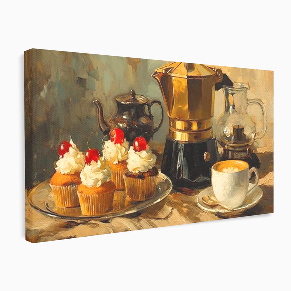 Tablou Canvas Premium, LuxCanva® N1068, Pauza Dulce, Briose, Frisca, Cirese, Desert, Cafea, Espresso, Rustic, Vintage, Cafenea, Pub, Lounge, Bar, Restaurant, Bucatarie