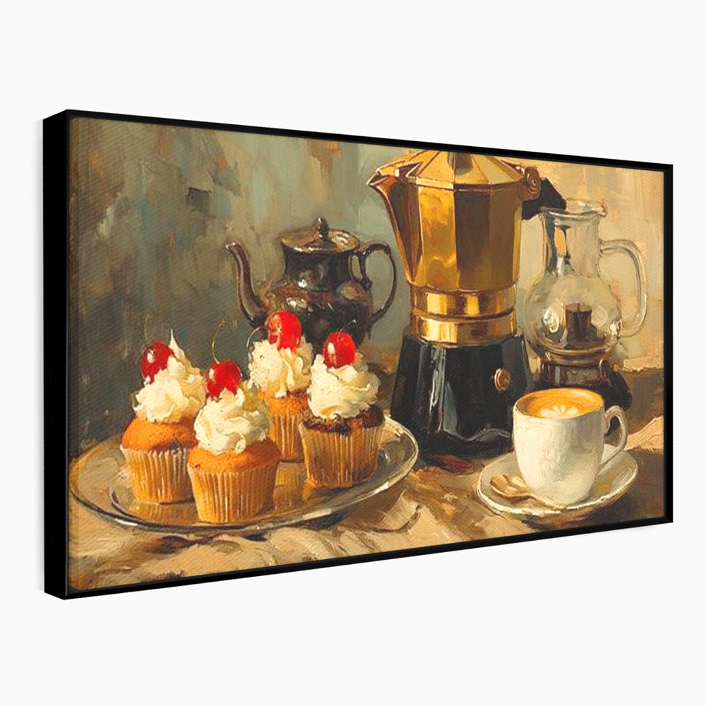 Tablou Canvas Premium, LuxCanva® N1068, Pauza Dulce, Briose, Frisca, Cirese, Desert, Cafea, Espresso, Rustic, Vintage, Cafenea, Pub, Lounge, Bar, Restaurant, Bucatarie