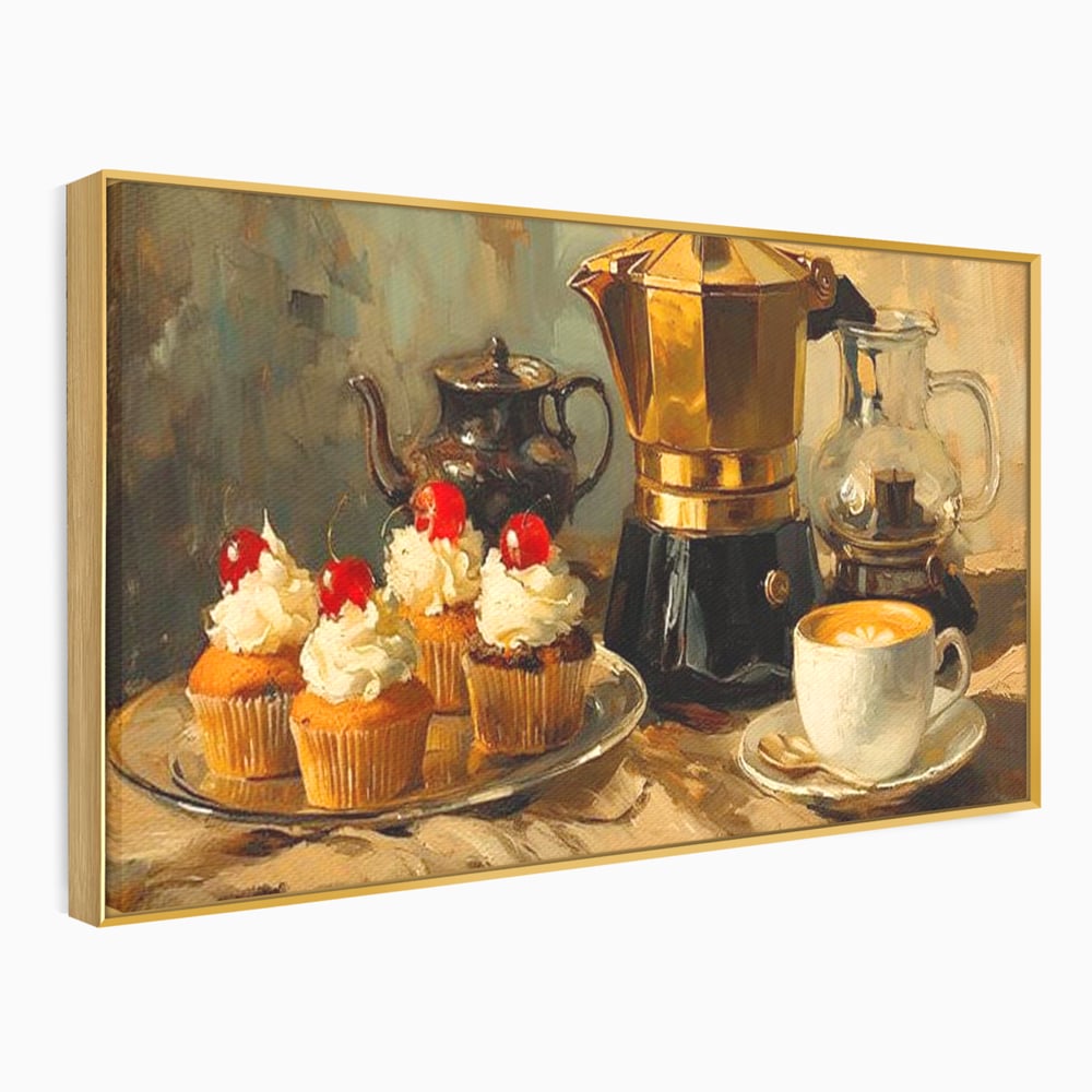 Tablou Canvas Premium, LuxCanva® N1068, Pauza Dulce, Briose, Frisca, Cirese, Desert, Cafea, Espresso, Rustic, Vintage, Cafenea, Pub, Lounge, Bar, Restaurant, Bucatarie