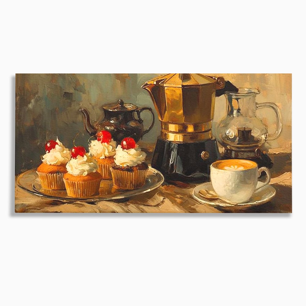 Tablou Canvas Premium, LuxCanva® N1068, Pauza Dulce, Briose, Frisca, Cirese, Desert, Cafea, Espresso, Rustic, Vintage, Cafenea, Pub, Lounge, Bar, Restaurant, Bucatarie