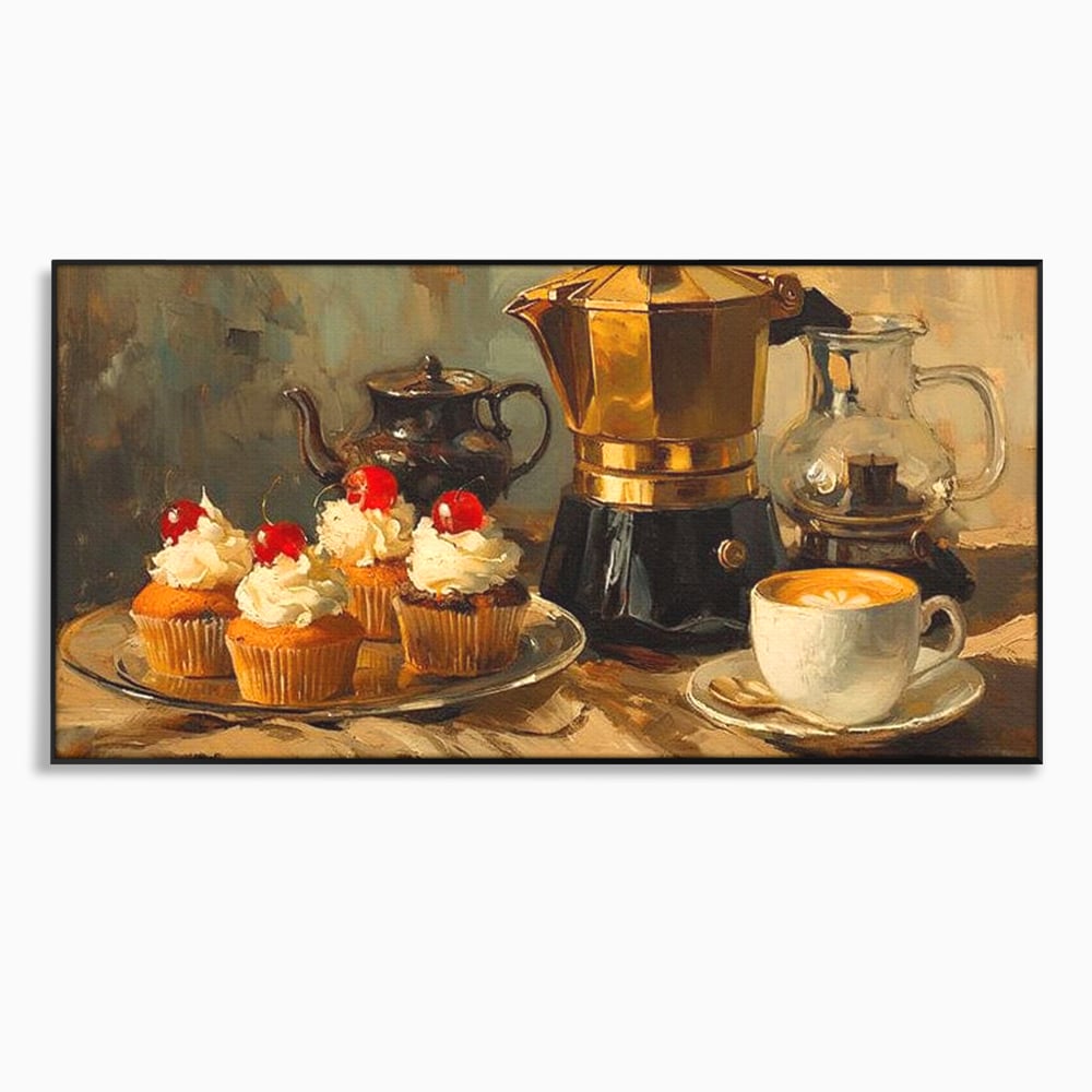 Tablou Canvas Premium, LuxCanva® N1068, Pauza Dulce, Briose, Frisca, Cirese, Desert, Cafea, Espresso, Rustic, Vintage, Cafenea, Pub, Lounge, Bar, Restaurant, Bucatarie