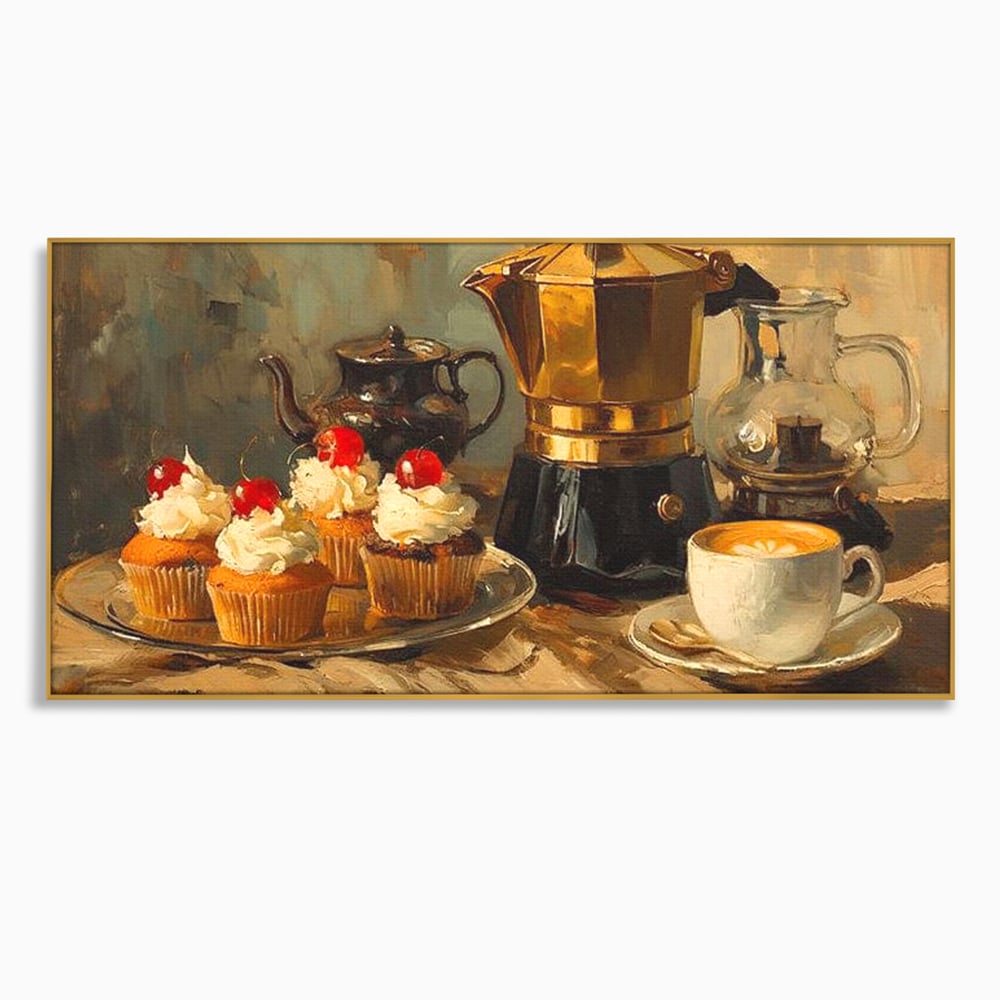 Tablou Canvas Premium, LuxCanva® N1068, Pauza Dulce, Briose, Frisca, Cirese, Desert, Cafea, Espresso, Rustic, Vintage, Cafenea, Pub, Lounge, Bar, Restaurant, Bucatarie