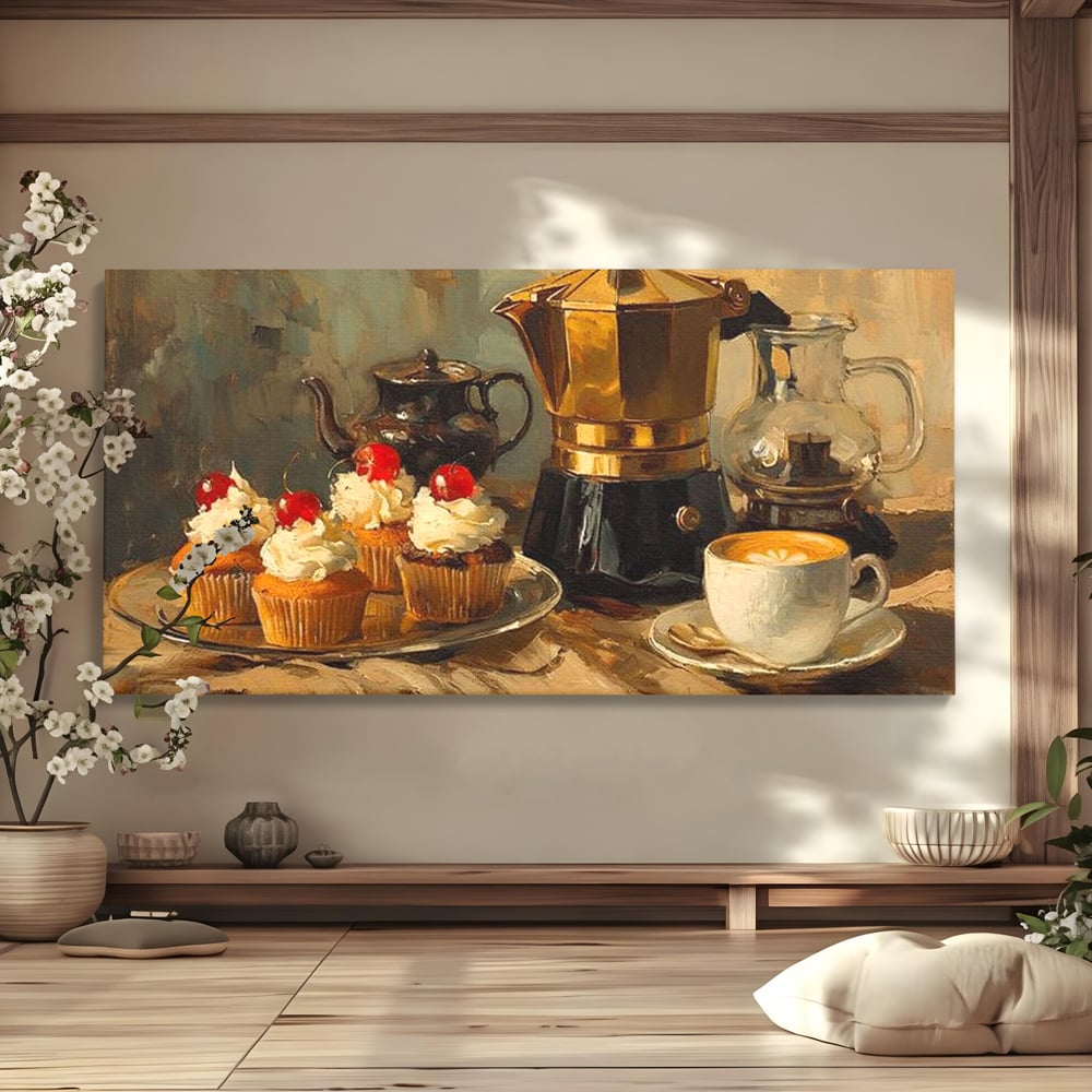 Tablou Canvas Premium, LuxCanva® N1068, Pauza Dulce, Briose, Frisca, Cirese, Desert, Cafea, Espresso, Rustic, Vintage, Cafenea, Pub, Lounge, Bar, Restaurant, Bucatarie