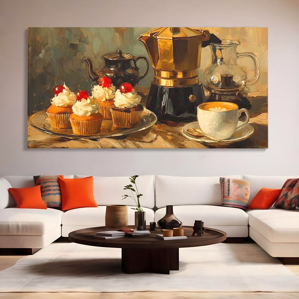 Tablou Canvas Premium, LuxCanva® N1068, Pauza Dulce, Briose, Frisca, Cirese, Desert, Cafea, Espresso, Rustic, Vintage, Cafenea, Pub, Lounge, Bar, Restaurant, Bucatarie