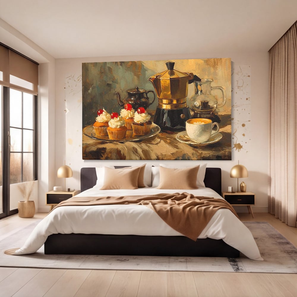 Tablou Canvas Premium, LuxCanva® N1068, Pauza Dulce, Briose, Frisca, Cirese, Desert, Cafea, Espresso, Rustic, Vintage, Cafenea, Pub, Lounge, Bar, Restaurant, Bucatarie