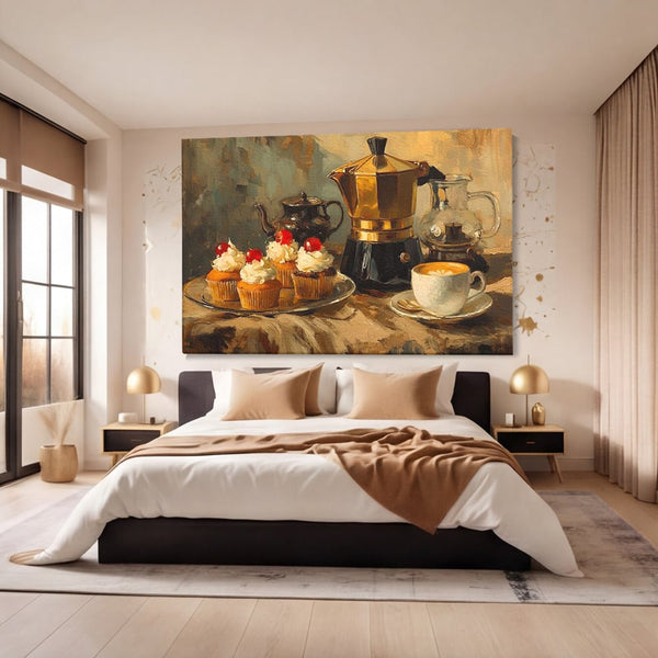 Tablou Canvas Premium, LuxCanva® N1068, Pauza Dulce, Briose, Frisca, Cirese, Desert, Cafea, Espresso, Rustic, Vintage, Cafenea, Pub, Lounge, Bar, Restaurant, Bucatarie
