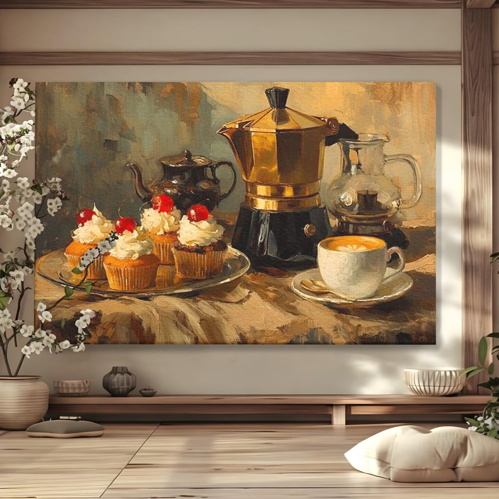 Tablou Canvas Premium, LuxCanva® N1068, Pauza Dulce, Briose, Frisca, Cirese, Desert, Cafea, Espresso, Rustic, Vintage, Cafenea, Pub, Lounge, Bar, Restaurant, Bucatarie