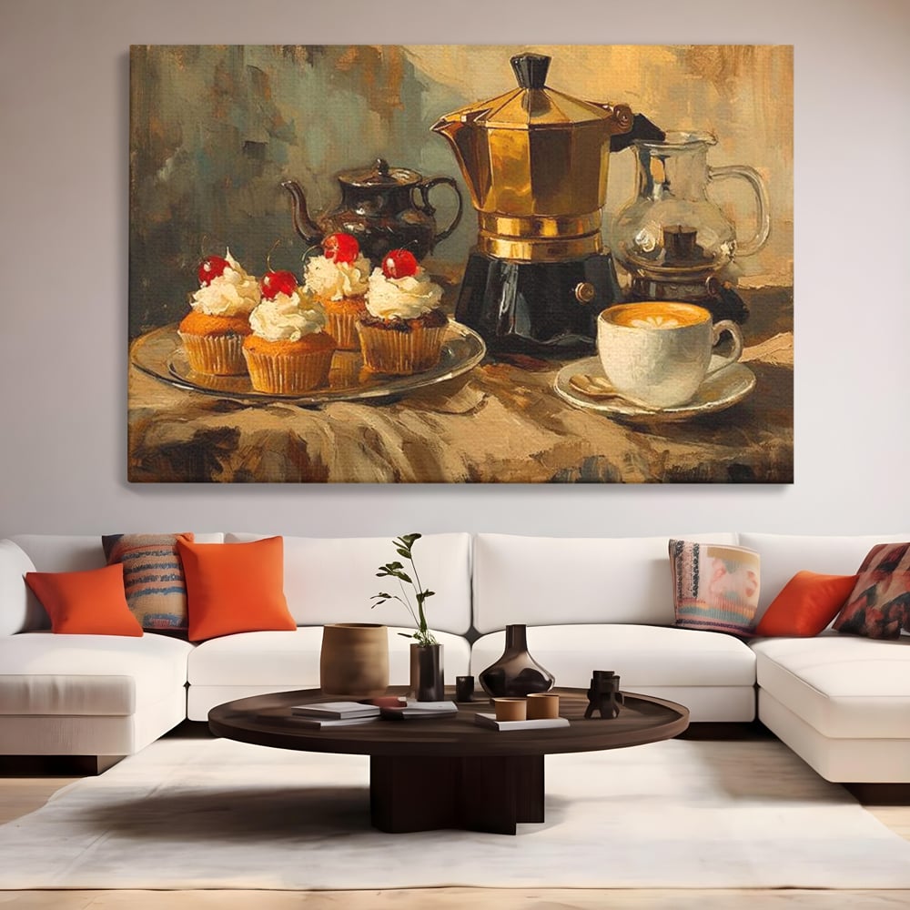 Tablou Canvas Premium, LuxCanva® N1068, Pauza Dulce, Briose, Frisca, Cirese, Desert, Cafea, Espresso, Rustic, Vintage, Cafenea, Pub, Lounge, Bar, Restaurant, Bucatarie