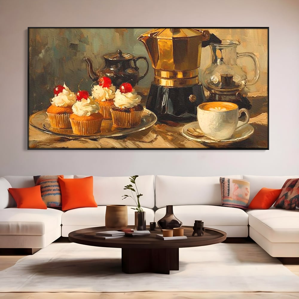 Tablou Canvas Premium, LuxCanva® N1068, Pauza Dulce, Briose, Frisca, Cirese, Desert, Cafea, Espresso, Rustic, Vintage, Cafenea, Pub, Lounge, Bar, Restaurant, Bucatarie