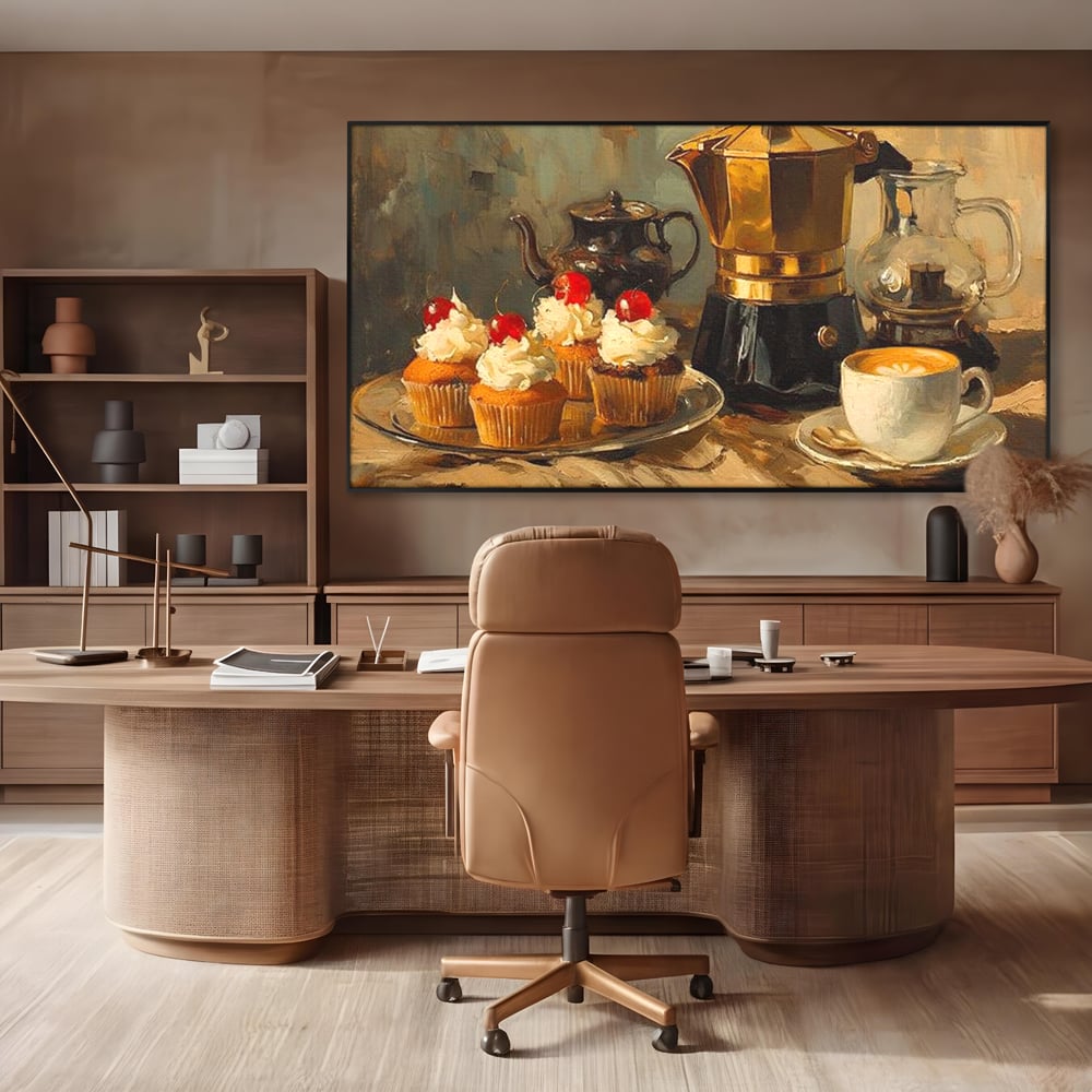 Tablou Canvas Premium, LuxCanva® N1068, Pauza Dulce, Briose, Frisca, Cirese, Desert, Cafea, Espresso, Rustic, Vintage, Cafenea, Pub, Lounge, Bar, Restaurant, Bucatarie