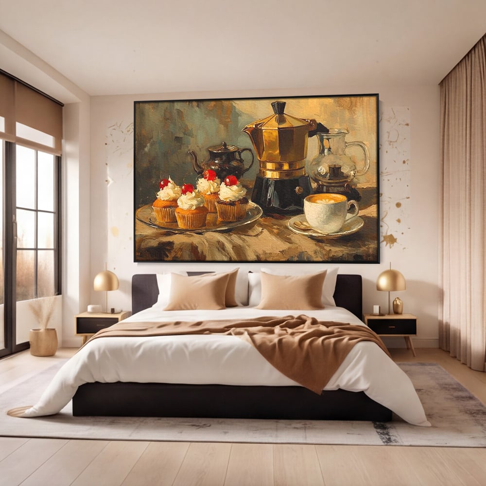 Tablou Canvas Premium, LuxCanva® N1068, Pauza Dulce, Briose, Frisca, Cirese, Desert, Cafea, Espresso, Rustic, Vintage, Cafenea, Pub, Lounge, Bar, Restaurant, Bucatarie