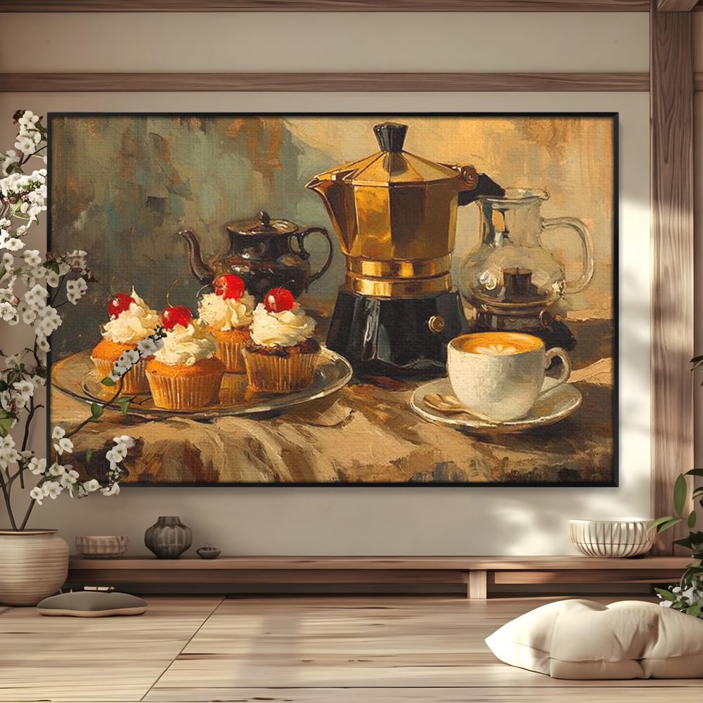 Tablou Canvas Premium, LuxCanva® N1068, Pauza Dulce, Briose, Frisca, Cirese, Desert, Cafea, Espresso, Rustic, Vintage, Cafenea, Pub, Lounge, Bar, Restaurant, Bucatarie