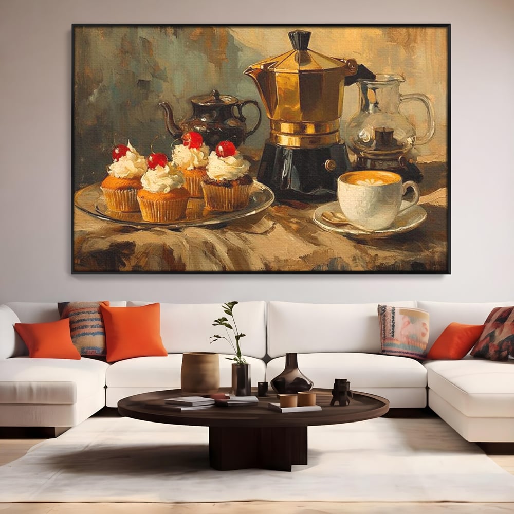 Tablou Canvas Premium, LuxCanva® N1068, Pauza Dulce, Briose, Frisca, Cirese, Desert, Cafea, Espresso, Rustic, Vintage, Cafenea, Pub, Lounge, Bar, Restaurant, Bucatarie