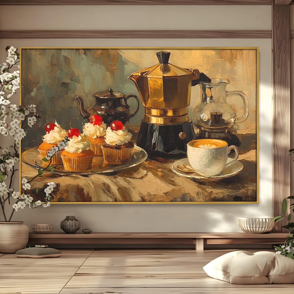 Tablou Canvas Premium, LuxCanva® N1068, Pauza Dulce, Briose, Frisca, Cirese, Desert, Cafea, Espresso, Rustic, Vintage, Cafenea, Pub, Lounge, Bar, Restaurant, Bucatarie