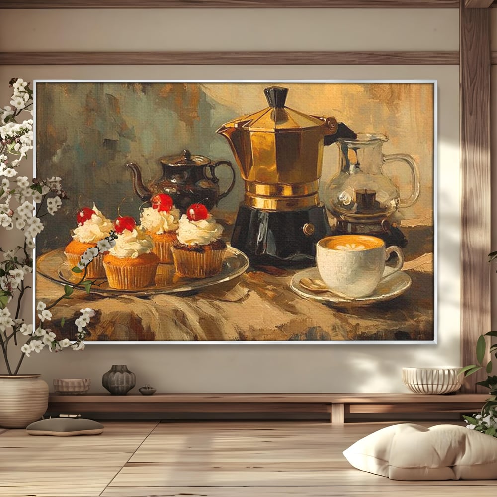 Tablou Canvas Premium, LuxCanva® N1068, Pauza Dulce, Briose, Frisca, Cirese, Desert, Cafea, Espresso, Rustic, Vintage, Cafenea, Pub, Lounge, Bar, Restaurant, Bucatarie