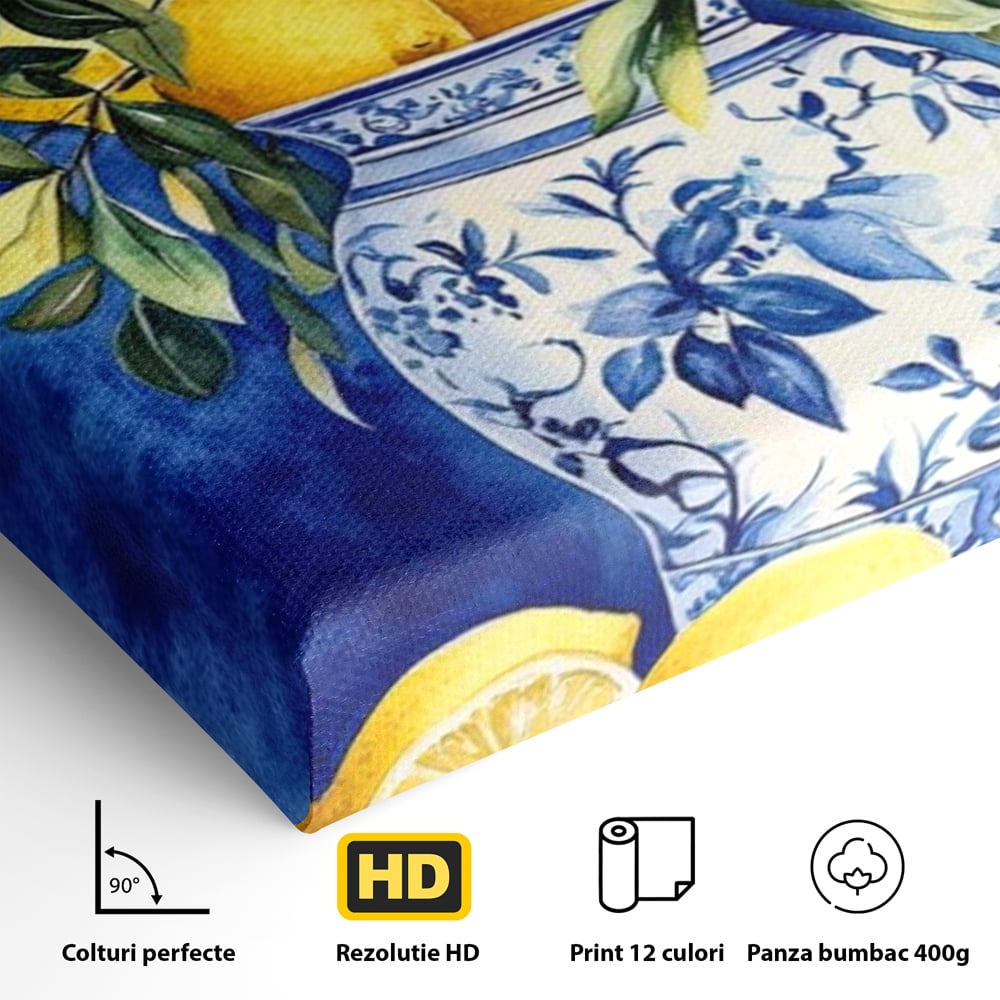 Leinwand Wandkunst Leinwand Premium, LuxCanva® N1069, Zitronenstrauß, Zitrusfrüchte, Zitrone, Zitrone, Vase, Keramik, Limonade, Blätter, Blumen, Malerei, Rustikal, Restaurant, Küche