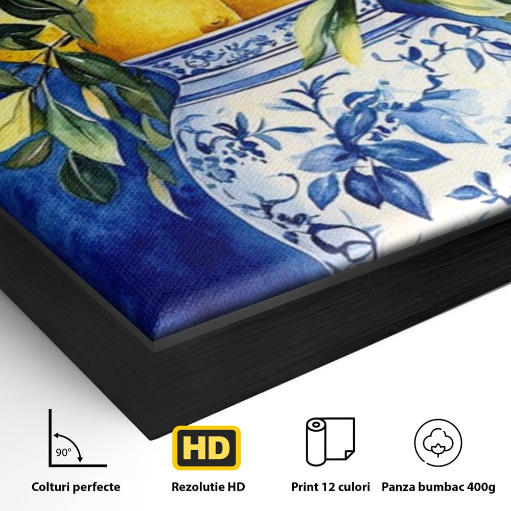 Leinwand Wandkunst Leinwand Premium, LuxCanva® N1069, Zitronenstrauß, Zitrusfrüchte, Zitrone, Zitrone, Vase, Keramik, Limonade, Blätter, Blumen, Malerei, Rustikal, Restaurant, Küche