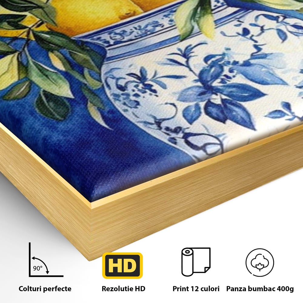 Leinwand Wandkunst Leinwand Premium, LuxCanva® N1069, Zitronenstrauß, Zitrusfrüchte, Zitrone, Zitrone, Vase, Keramik, Limonade, Blätter, Blumen, Malerei, Rustikal, Restaurant, Küche