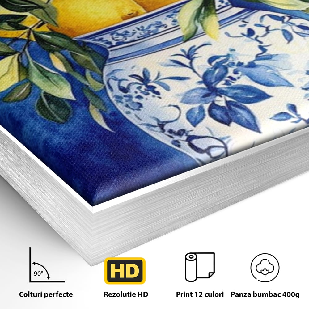 Leinwand Wandkunst Leinwand Premium, LuxCanva® N1069, Zitronenstrauß, Zitrusfrüchte, Zitrone, Zitrone, Vase, Keramik, Limonade, Blätter, Blumen, Malerei, Rustikal, Restaurant, Küche