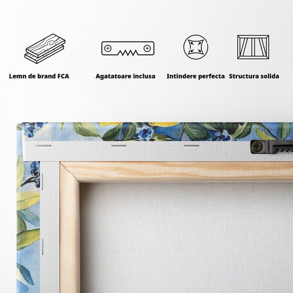 Leinwand Wandkunst Leinwand Premium, LuxCanva® N1069, Zitronenstrauß, Zitrusfrüchte, Zitrone, Zitrone, Vase, Keramik, Limonade, Blätter, Blumen, Malerei, Rustikal, Restaurant, Küche
