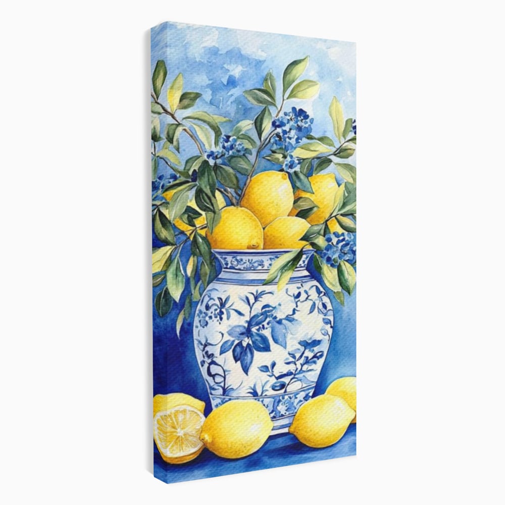 Leinwand Wandkunst Leinwand Premium, LuxCanva® N1069, Zitronenstrauß, Zitrusfrüchte, Zitrone, Zitrone, Vase, Keramik, Limonade, Blätter, Blumen, Malerei, Rustikal, Restaurant, Küche