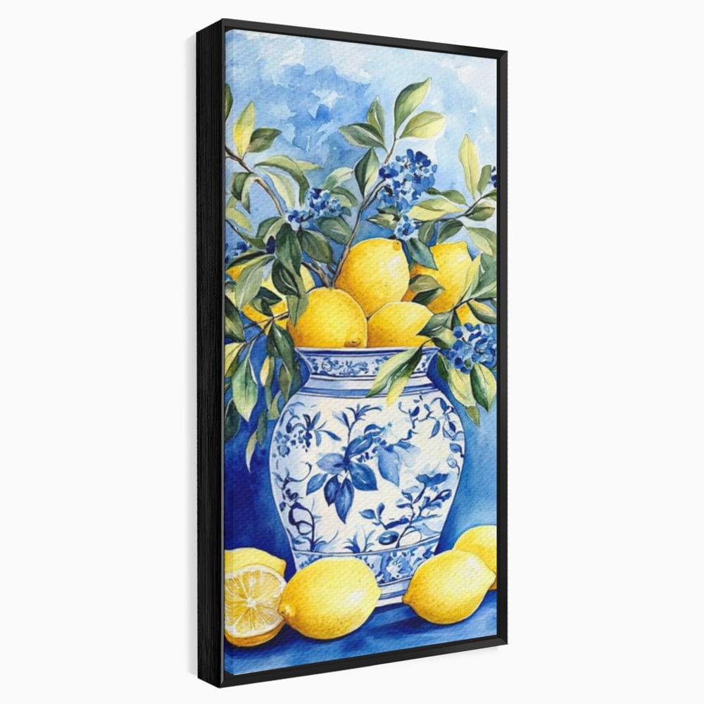 Leinwand Wandkunst Leinwand Premium, LuxCanva® N1069, Zitronenstrauß, Zitrusfrüchte, Zitrone, Zitrone, Vase, Keramik, Limonade, Blätter, Blumen, Malerei, Rustikal, Restaurant, Küche