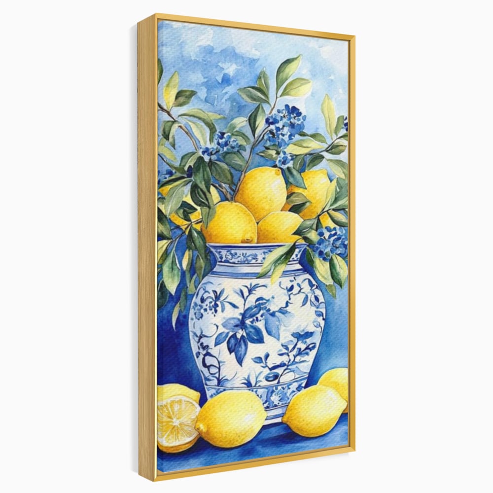 Leinwand Wandkunst Leinwand Premium, LuxCanva® N1069, Zitronenstrauß, Zitrusfrüchte, Zitrone, Zitrone, Vase, Keramik, Limonade, Blätter, Blumen, Malerei, Rustikal, Restaurant, Küche