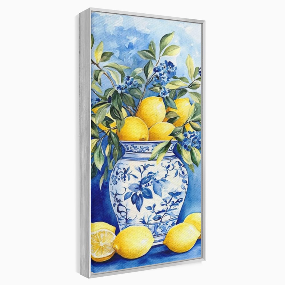 Leinwand Wandkunst Leinwand Premium, LuxCanva® N1069, Zitronenstrauß, Zitrusfrüchte, Zitrone, Zitrone, Vase, Keramik, Limonade, Blätter, Blumen, Malerei, Rustikal, Restaurant, Küche