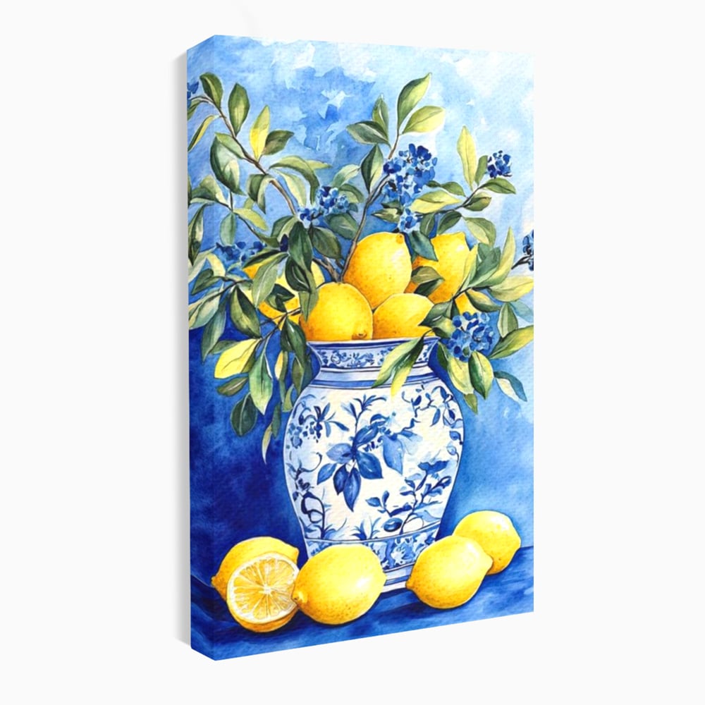 Leinwand Wandkunst Leinwand Premium, LuxCanva® N1069, Zitronenstrauß, Zitrusfrüchte, Zitrone, Zitrone, Vase, Keramik, Limonade, Blätter, Blumen, Malerei, Rustikal, Restaurant, Küche