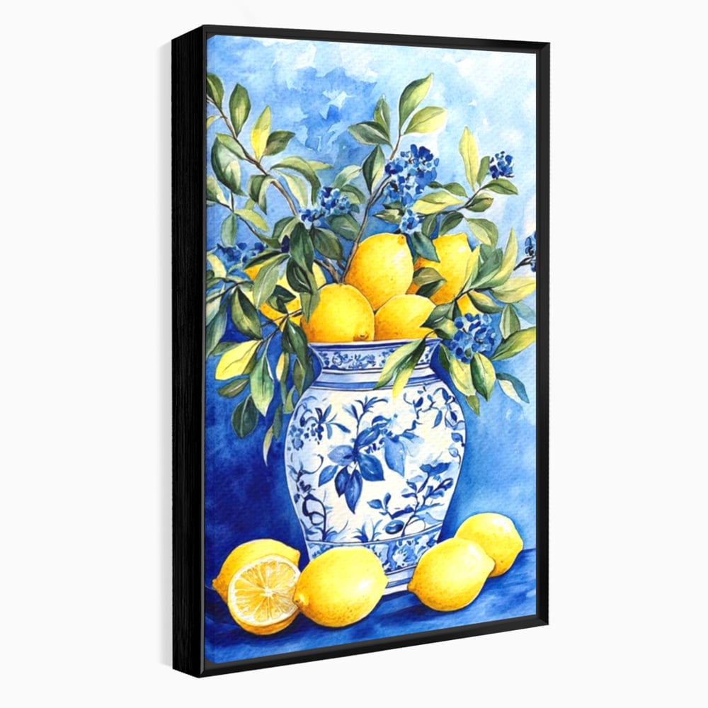 Leinwand Wandkunst Leinwand Premium, LuxCanva® N1069, Zitronenstrauß, Zitrusfrüchte, Zitrone, Zitrone, Vase, Keramik, Limonade, Blätter, Blumen, Malerei, Rustikal, Restaurant, Küche