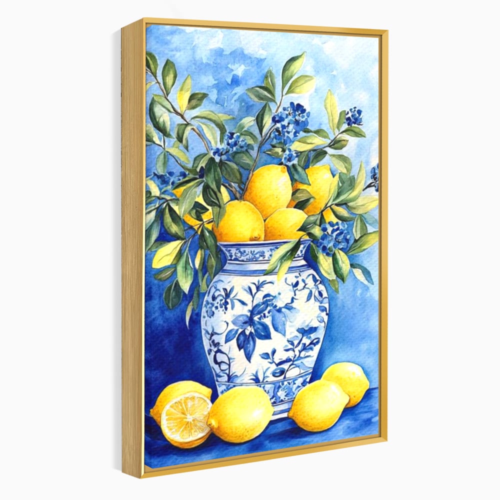 Leinwand Wandkunst Leinwand Premium, LuxCanva® N1069, Zitronenstrauß, Zitrusfrüchte, Zitrone, Zitrone, Vase, Keramik, Limonade, Blätter, Blumen, Malerei, Rustikal, Restaurant, Küche