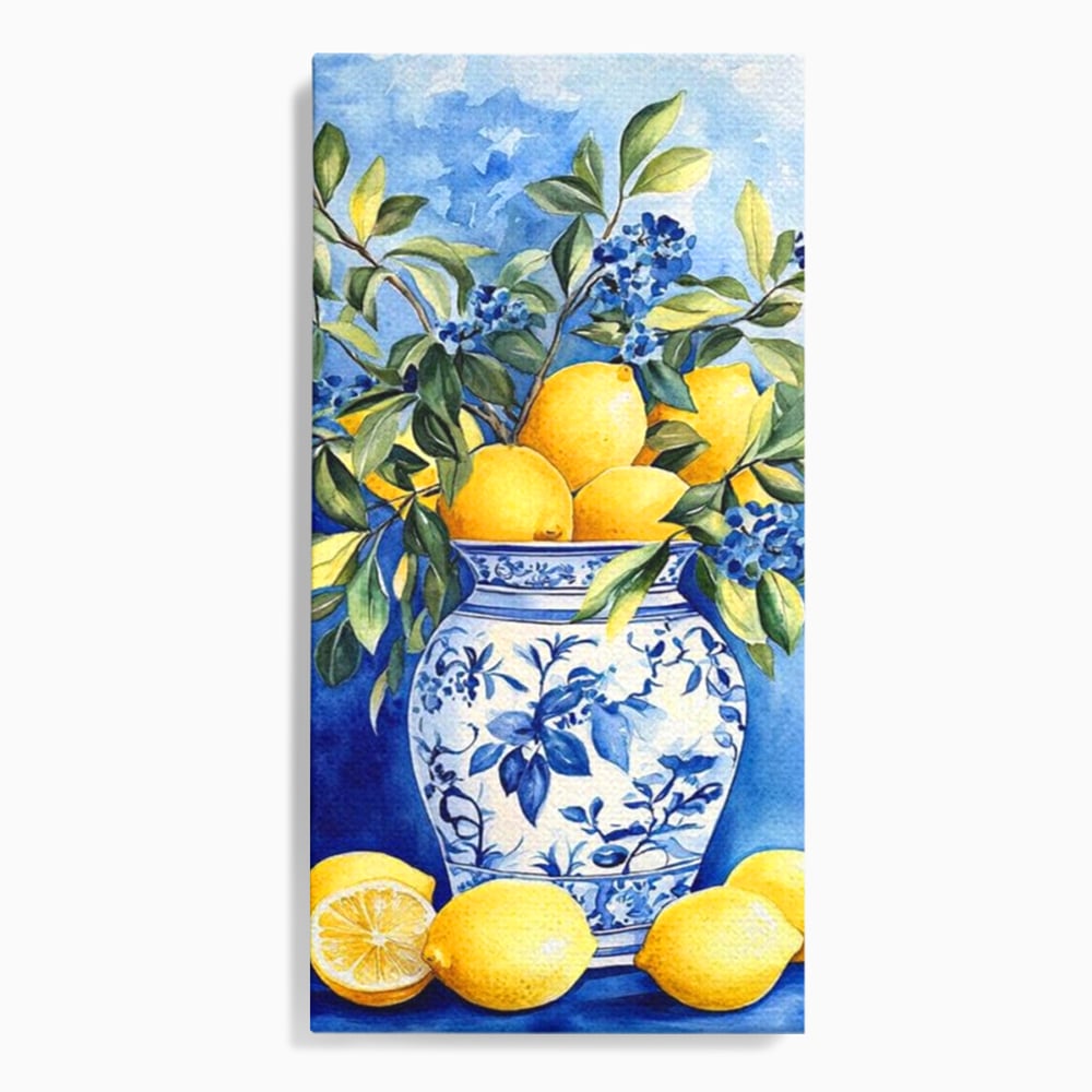 Leinwand Wandkunst Leinwand Premium, LuxCanva® N1069, Zitronenstrauß, Zitrusfrüchte, Zitrone, Zitrone, Vase, Keramik, Limonade, Blätter, Blumen, Malerei, Rustikal, Restaurant, Küche