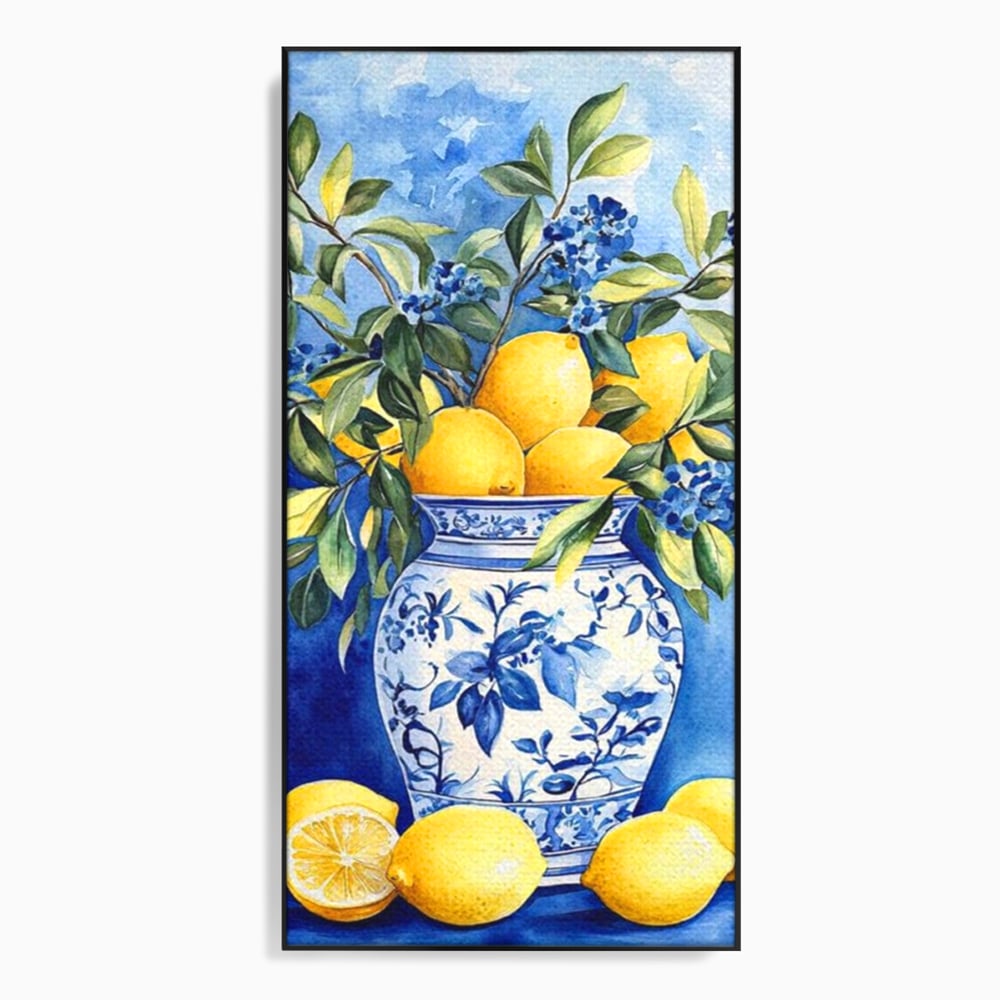 Leinwand Wandkunst Leinwand Premium, LuxCanva® N1069, Zitronenstrauß, Zitrusfrüchte, Zitrone, Zitrone, Vase, Keramik, Limonade, Blätter, Blumen, Malerei, Rustikal, Restaurant, Küche