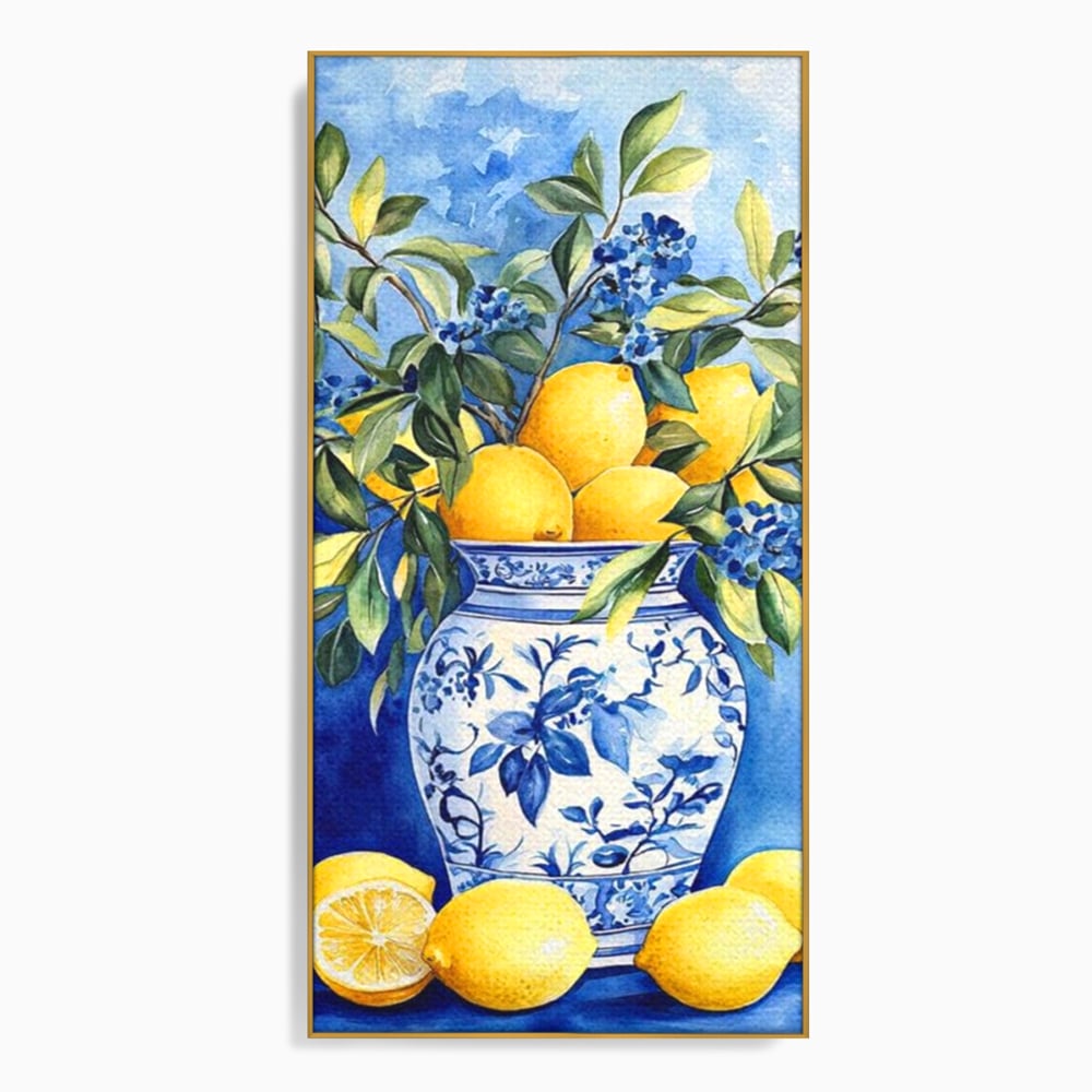 Leinwand Wandkunst Leinwand Premium, LuxCanva® N1069, Zitronenstrauß, Zitrusfrüchte, Zitrone, Zitrone, Vase, Keramik, Limonade, Blätter, Blumen, Malerei, Rustikal, Restaurant, Küche