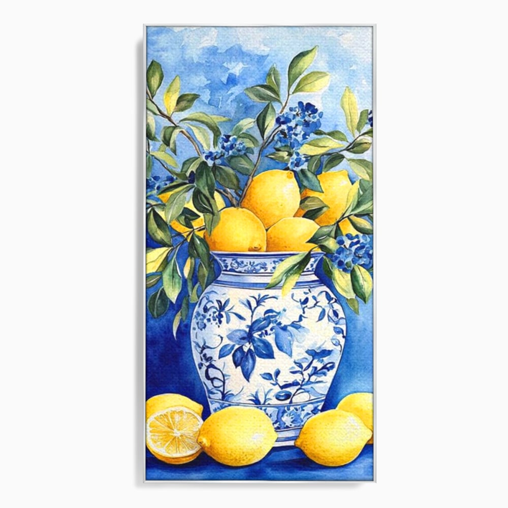 Leinwand Wandkunst Leinwand Premium, LuxCanva® N1069, Zitronenstrauß, Zitrusfrüchte, Zitrone, Zitrone, Vase, Keramik, Limonade, Blätter, Blumen, Malerei, Rustikal, Restaurant, Küche