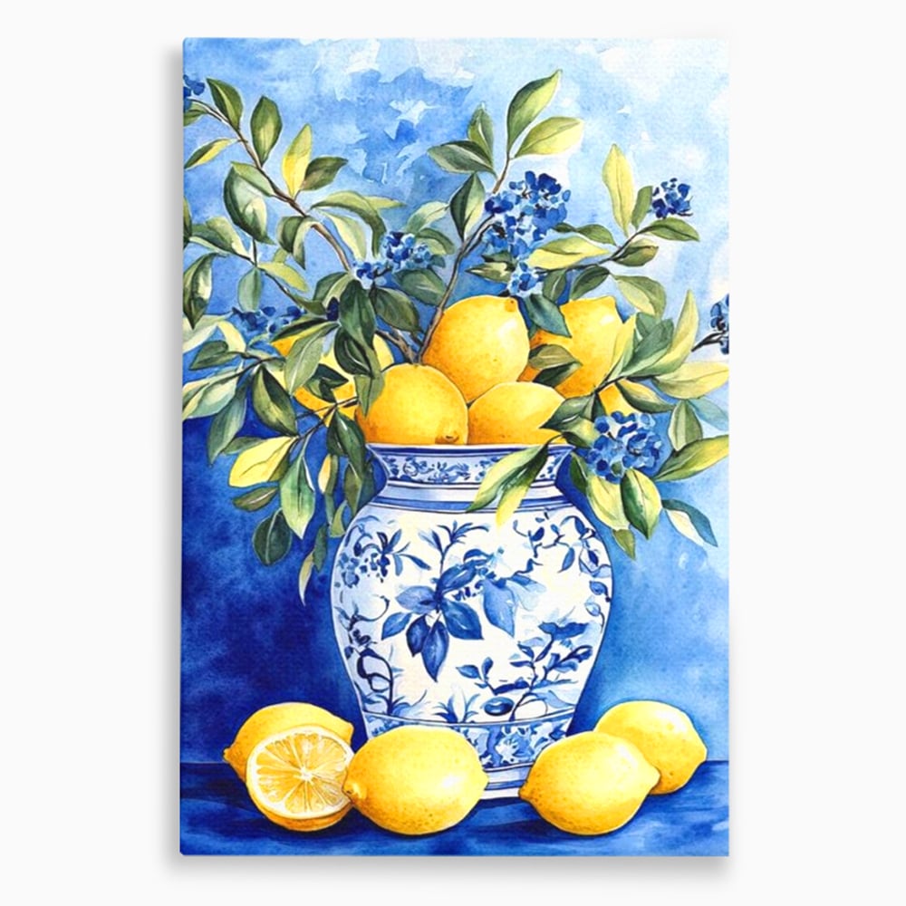 Leinwand Wandkunst Leinwand Premium, LuxCanva® N1069, Zitronenstrauß, Zitrusfrüchte, Zitrone, Zitrone, Vase, Keramik, Limonade, Blätter, Blumen, Malerei, Rustikal, Restaurant, Küche