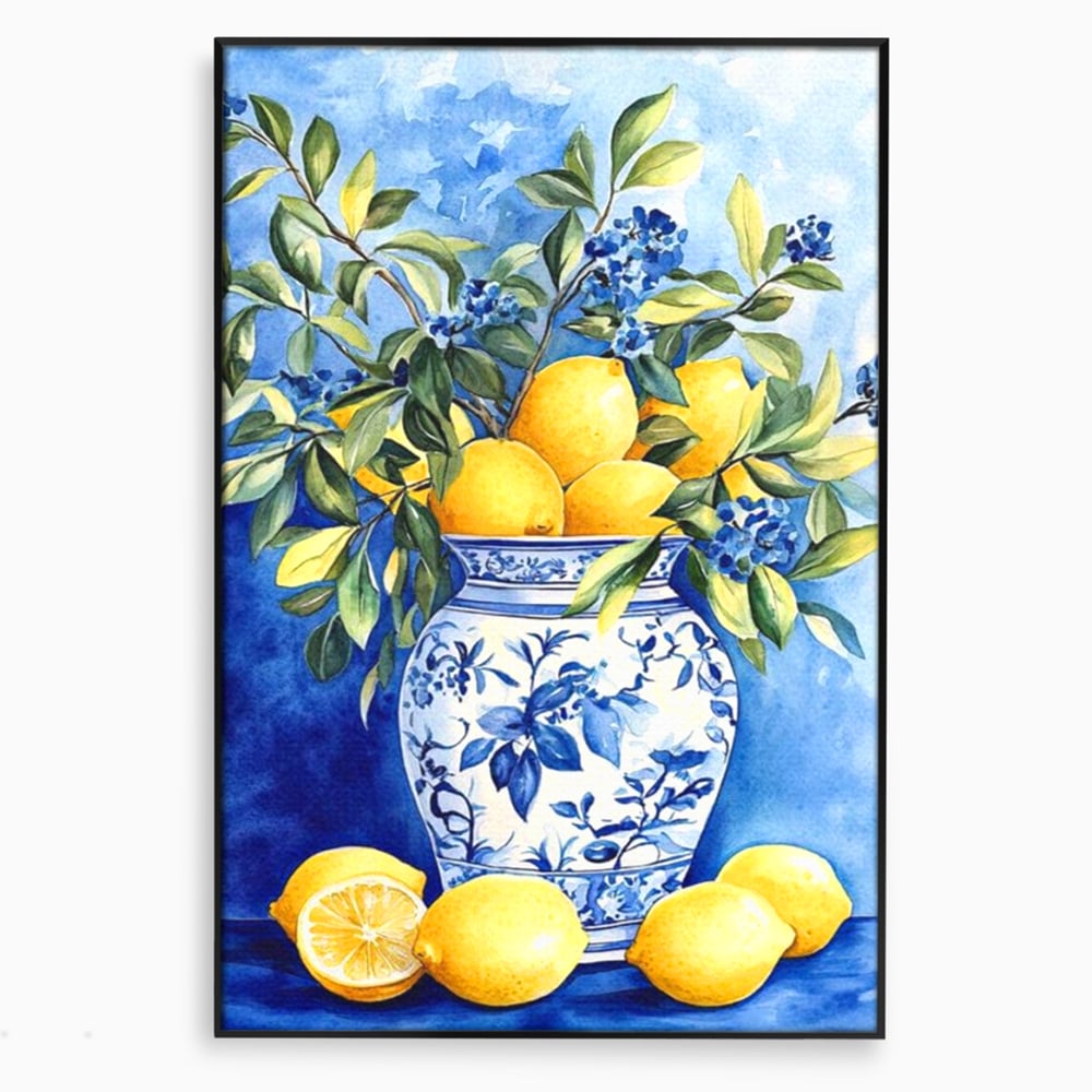 Leinwand Wandkunst Leinwand Premium, LuxCanva® N1069, Zitronenstrauß, Zitrusfrüchte, Zitrone, Zitrone, Vase, Keramik, Limonade, Blätter, Blumen, Malerei, Rustikal, Restaurant, Küche