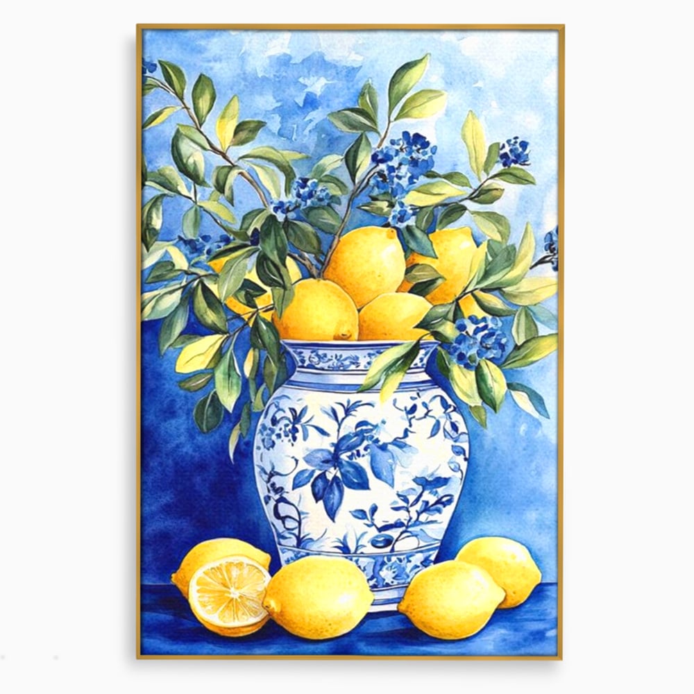 Leinwand Wandkunst Leinwand Premium, LuxCanva® N1069, Zitronenstrauß, Zitrusfrüchte, Zitrone, Zitrone, Vase, Keramik, Limonade, Blätter, Blumen, Malerei, Rustikal, Restaurant, Küche