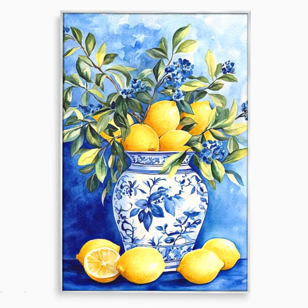 Leinwand Wandkunst Leinwand Premium, LuxCanva® N1069, Zitronenstrauß, Zitrusfrüchte, Zitrone, Zitrone, Vase, Keramik, Limonade, Blätter, Blumen, Malerei, Rustikal, Restaurant, Küche