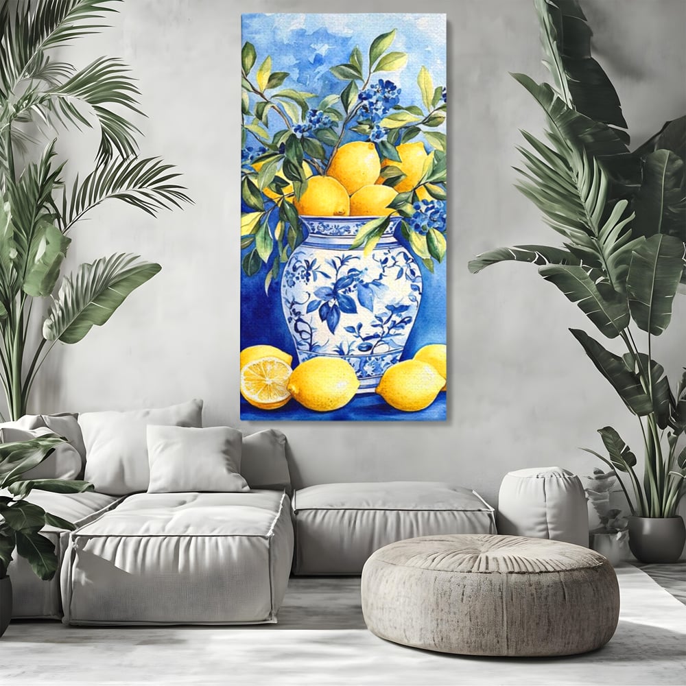 Leinwand Wandkunst Leinwand Premium, LuxCanva® N1069, Zitronenstrauß, Zitrusfrüchte, Zitrone, Zitrone, Vase, Keramik, Limonade, Blätter, Blumen, Malerei, Rustikal, Restaurant, Küche