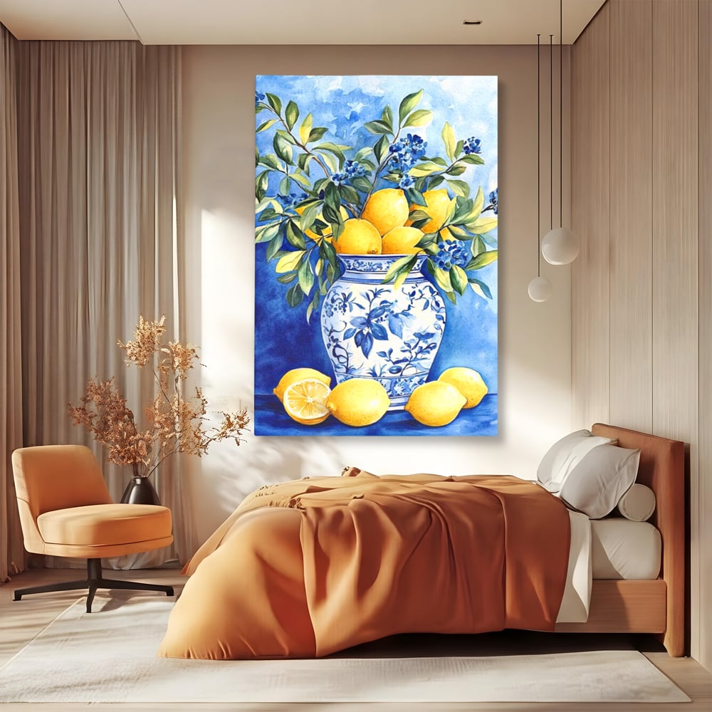 Leinwand Wandkunst Leinwand Premium, LuxCanva® N1069, Zitronenstrauß, Zitrusfrüchte, Zitrone, Zitrone, Vase, Keramik, Limonade, Blätter, Blumen, Malerei, Rustikal, Restaurant, Küche