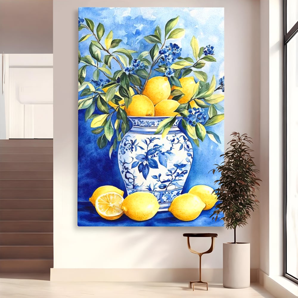 Leinwand Wandkunst Leinwand Premium, LuxCanva® N1069, Zitronenstrauß, Zitrusfrüchte, Zitrone, Zitrone, Vase, Keramik, Limonade, Blätter, Blumen, Malerei, Rustikal, Restaurant, Küche