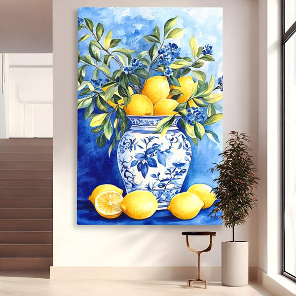 Leinwand Wandkunst Leinwand Premium, LuxCanva® N1069, Zitronenstrauß, Zitrusfrüchte, Zitrone, Zitrone, Vase, Keramik, Limonade, Blätter, Blumen, Malerei, Rustikal, Restaurant, Küche