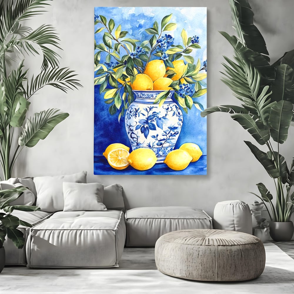 Leinwand Wandkunst Leinwand Premium, LuxCanva® N1069, Zitronenstrauß, Zitrusfrüchte, Zitrone, Zitrone, Vase, Keramik, Limonade, Blätter, Blumen, Malerei, Rustikal, Restaurant, Küche