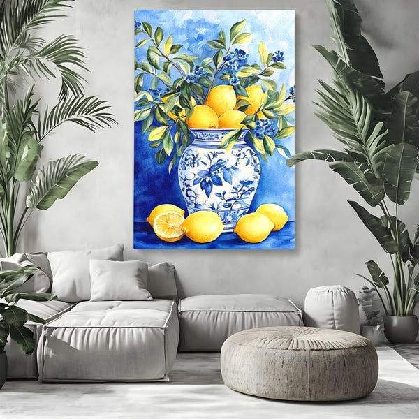 Leinwand Wandkunst Leinwand Premium, LuxCanva® N1069, Zitronenstrauß, Zitrusfrüchte, Zitrone, Zitrone, Vase, Keramik, Limonade, Blätter, Blumen, Malerei, Rustikal, Restaurant, Küche