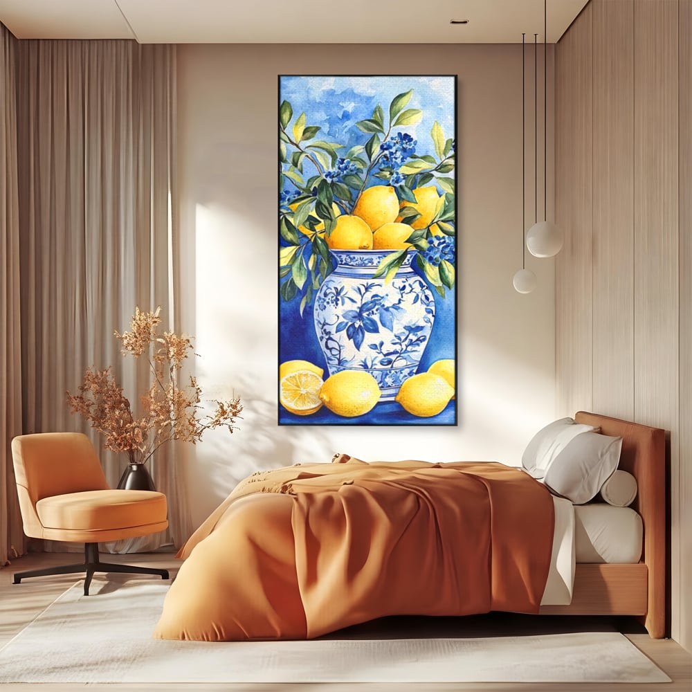 Leinwand Wandkunst Leinwand Premium, LuxCanva® N1069, Zitronenstrauß, Zitrusfrüchte, Zitrone, Zitrone, Vase, Keramik, Limonade, Blätter, Blumen, Malerei, Rustikal, Restaurant, Küche