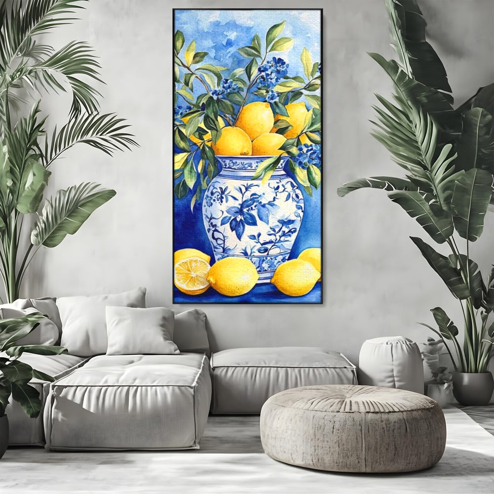 Leinwand Wandkunst Leinwand Premium, LuxCanva® N1069, Zitronenstrauß, Zitrusfrüchte, Zitrone, Zitrone, Vase, Keramik, Limonade, Blätter, Blumen, Malerei, Rustikal, Restaurant, Küche
